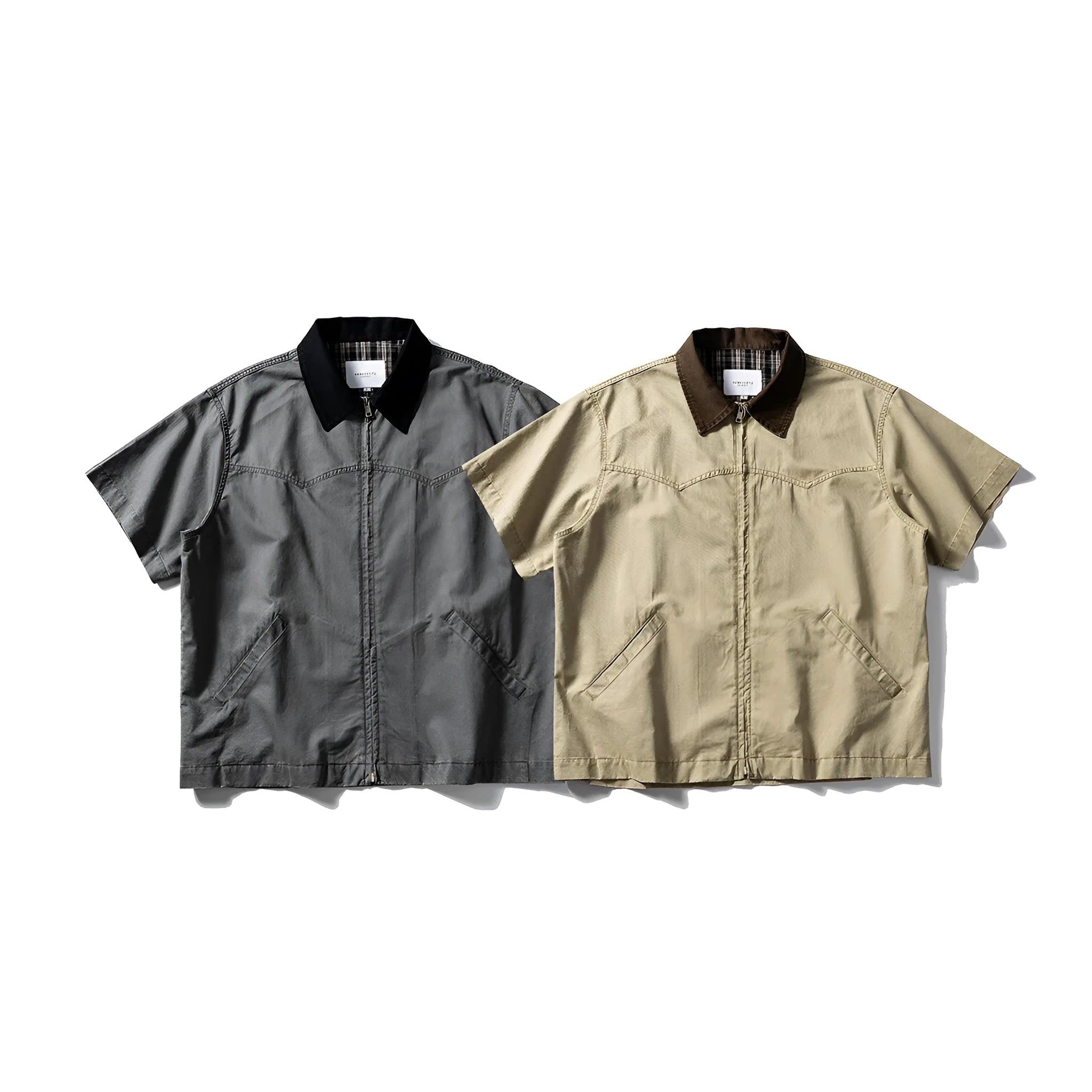 Khaki and grey washed cotton short-sleeved overalls shirt with a loose cardigan fit.