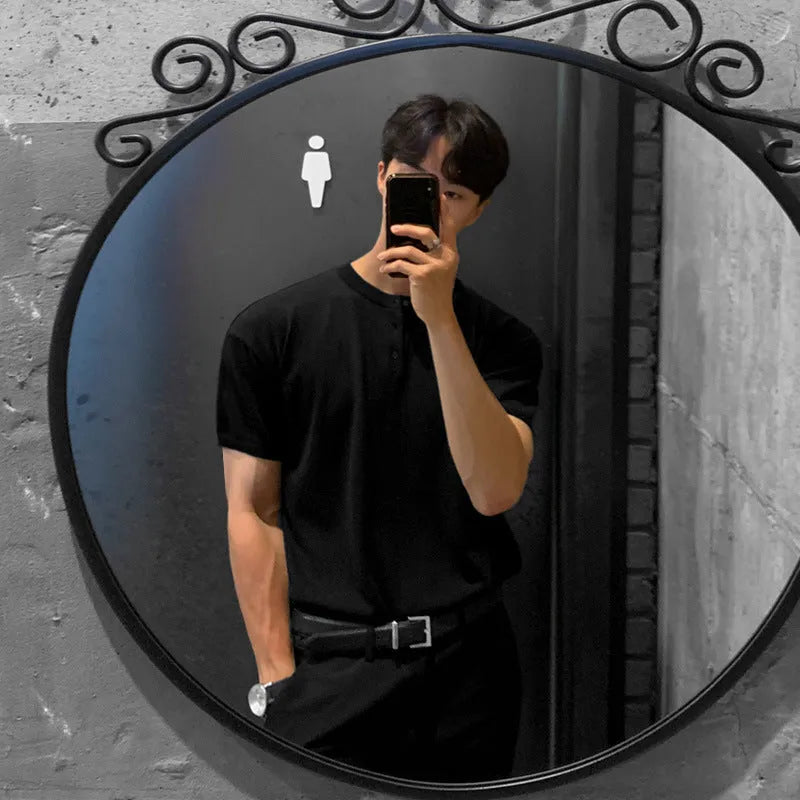 Men's black ice silk knitted pullover shirt with short sleeves and slim-fit design