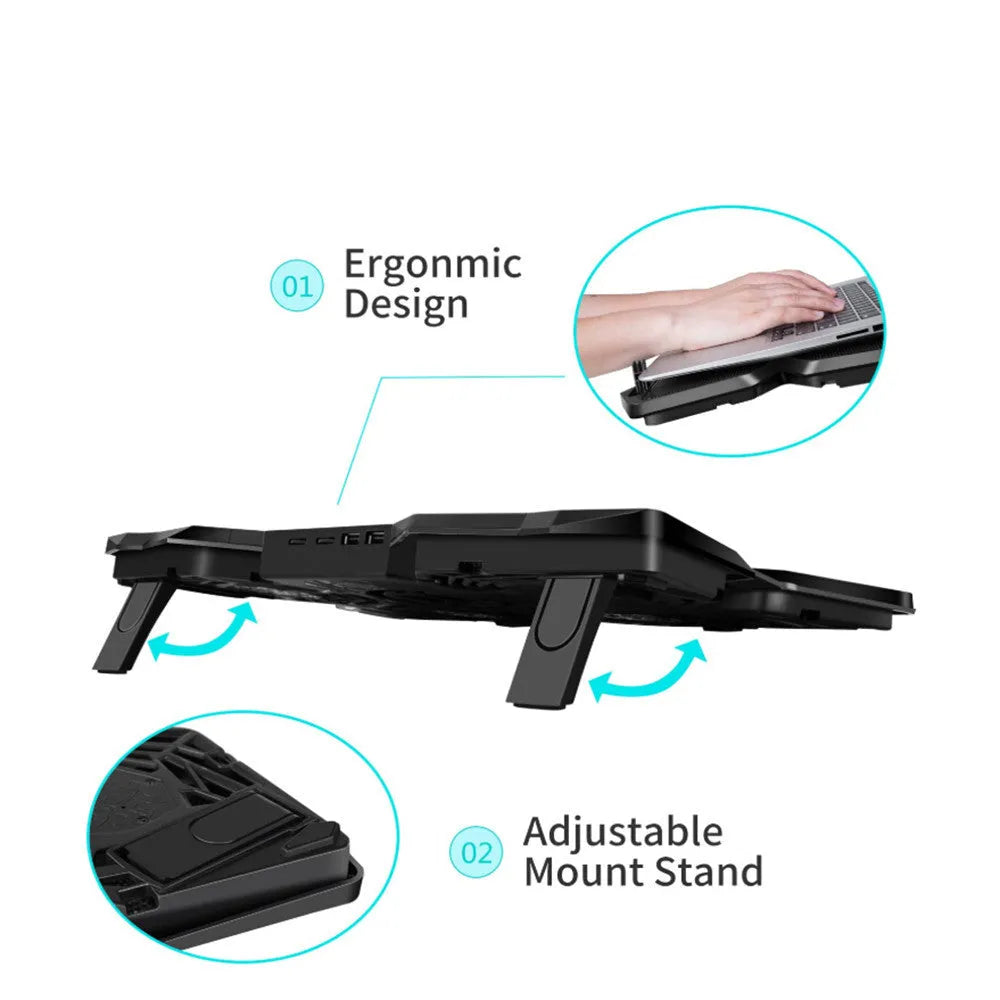 Blue laptop cooling base with four LED fans and two USB ports for temperature control