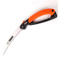 Garden folding saw with 9-inch 65MN steel blade and TPR grip shown in open position
