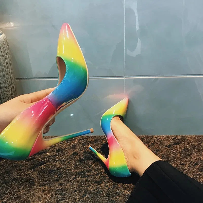 Rainbow patent leather women's high heels with thin ultra-high heels and pointed toes