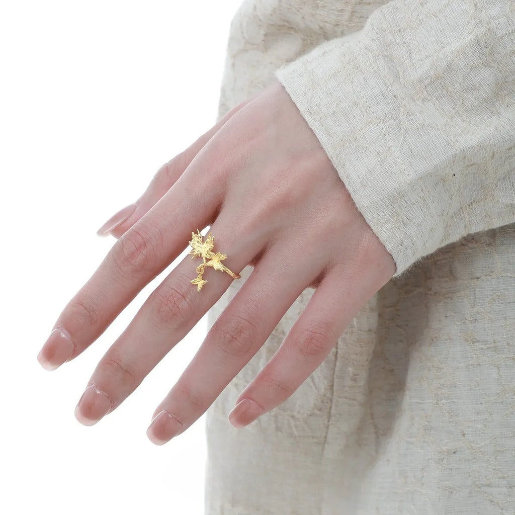 Silver butterfly ring with adjustable opening in 18K gold or white gold colour finish