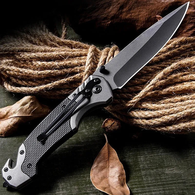 Outdoor folding knife with alloy blade showing handle and blade detail