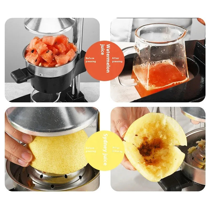 Cast iron manual citrus juicer with stainless steel strainer in black or white finish
