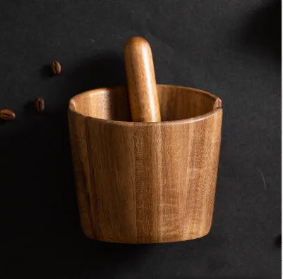 Acacia mangium wood coffee grounds storage bucket on countertop