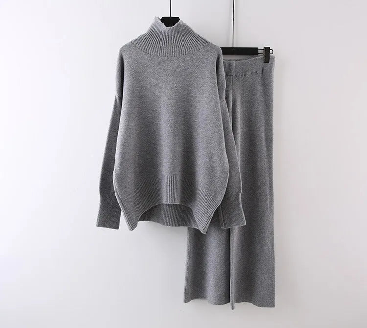 Women's beige acrylic fibre sweater and wide leg pants two-piece casual set