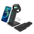 White foldable 3-in-1 wireless charging station showing phone, watch and earbuds charging simultaneously