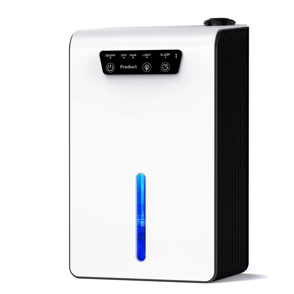 Milky white compact household dehumidifier with water reservoir tank on a bedroom floor.