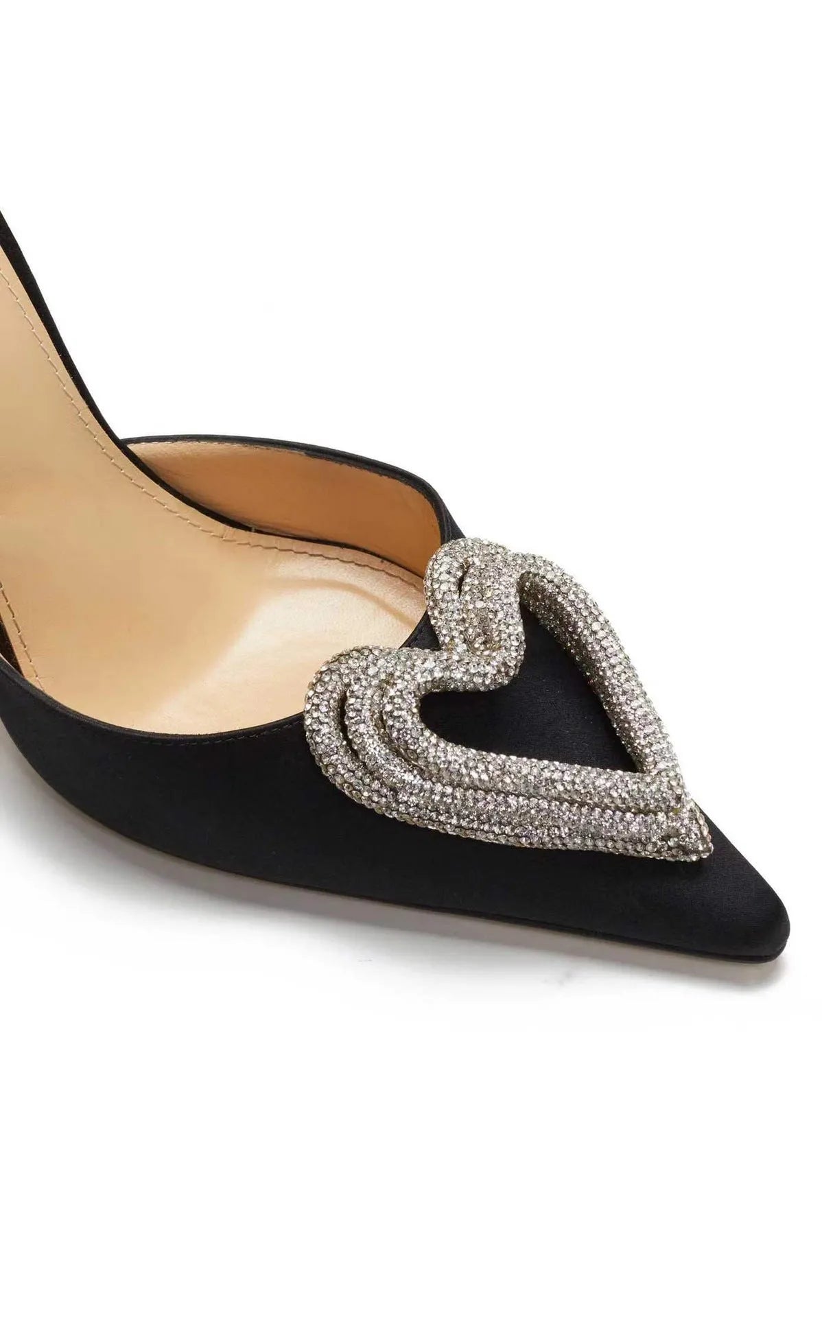 Women's pink satin sandals with rhinestones, pointed toe, and cross strap fastening on a rubber sole.