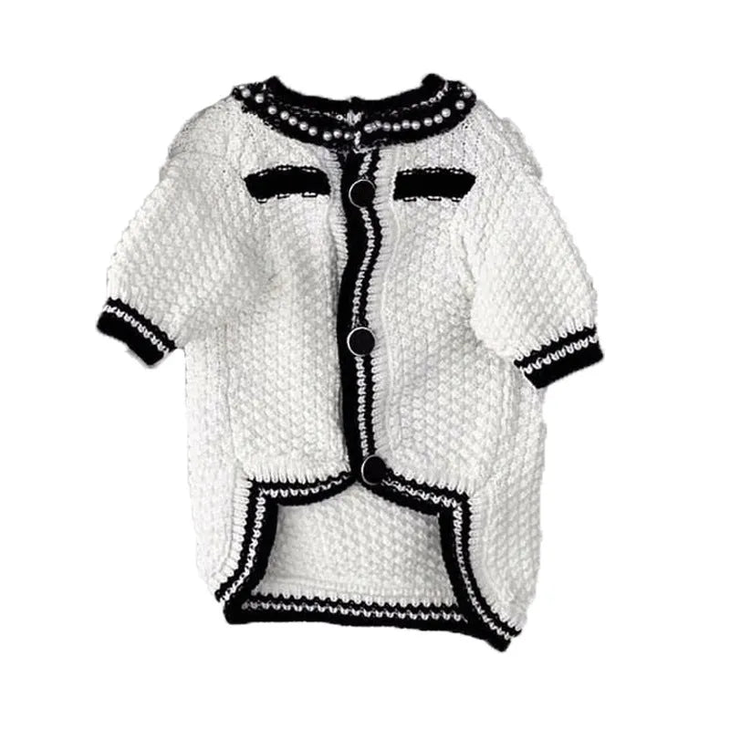 Korean style puppy sweater with pearl collar in white or black colour for small dogs