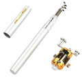 Gold telescopic pocket fishing rod extended next to its aluminium pen case and ST5RL reel.