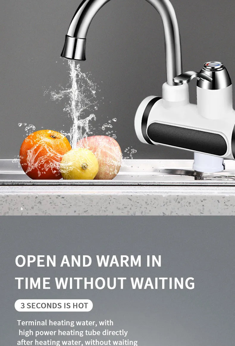 White electric water heater tap with digital temperature display for kitchen sink installation
