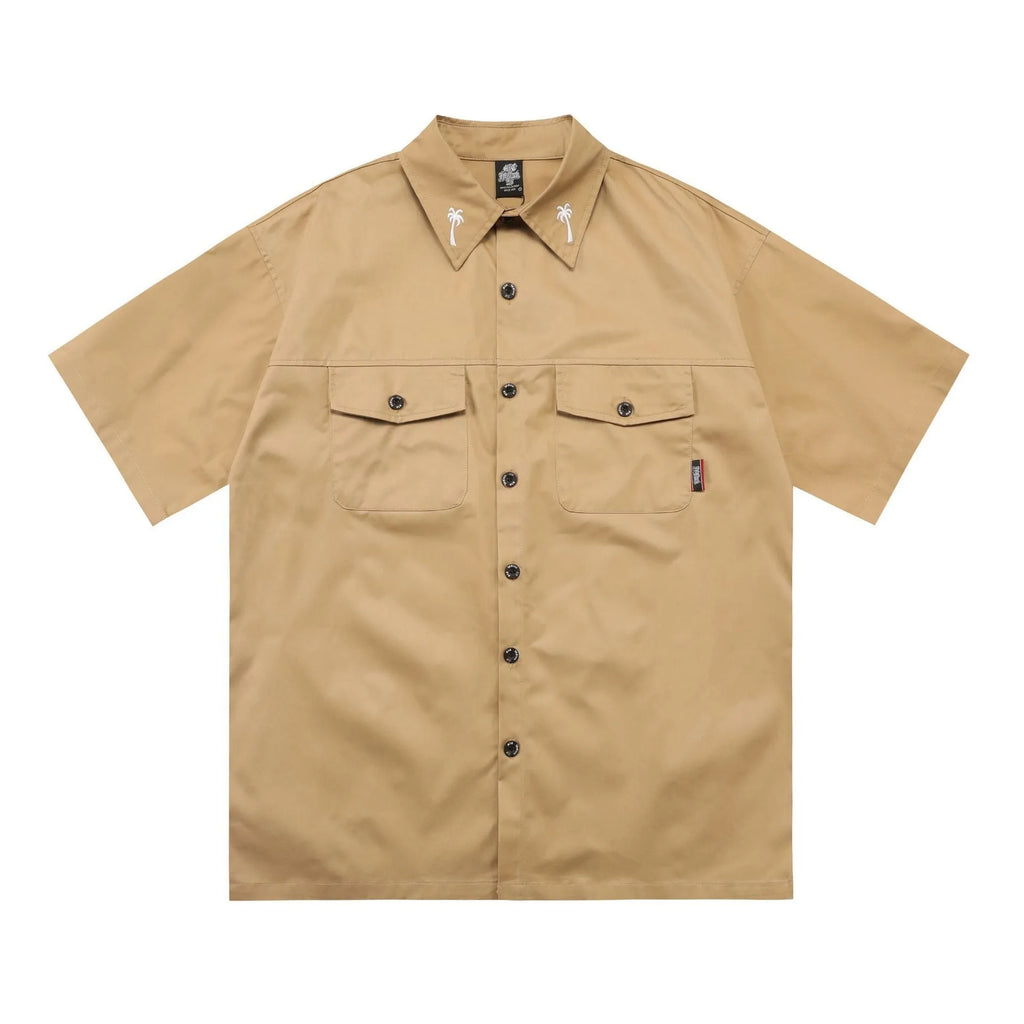 Men's black cotton blend loose fit pocket shirt with half sleeves and embroidered details
