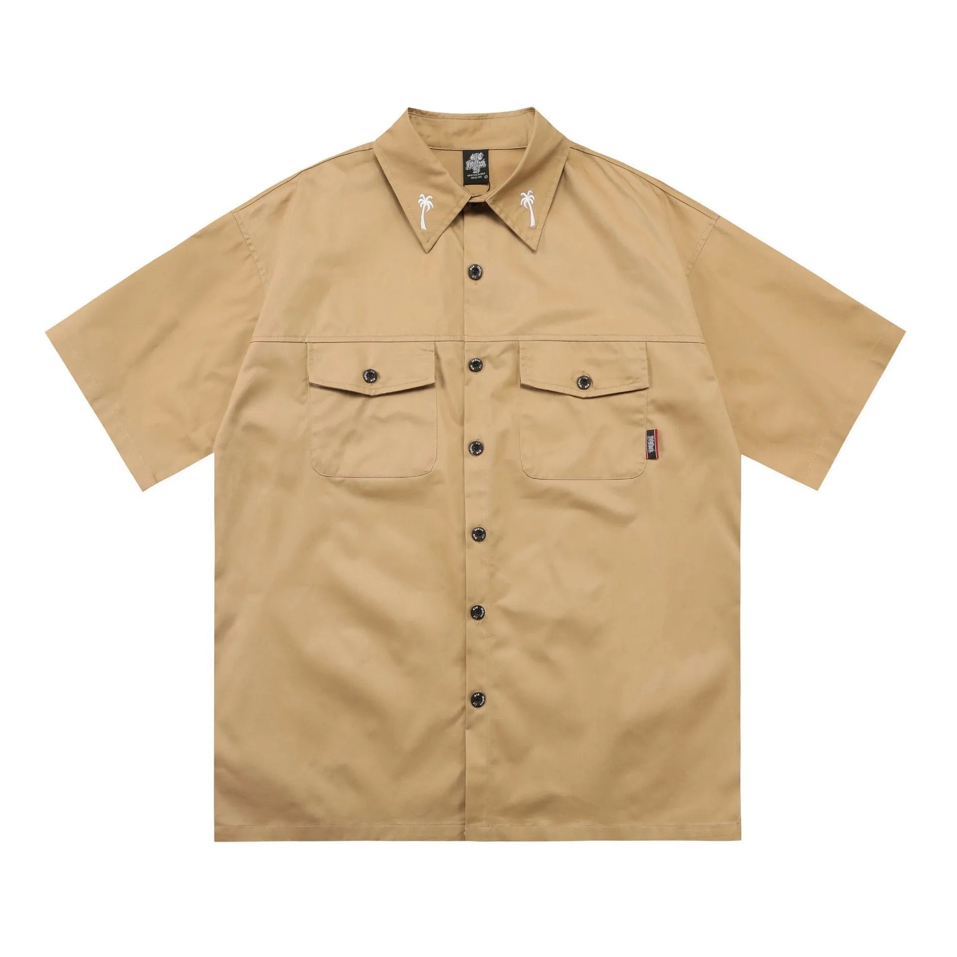 Men's black cotton blend loose fit pocket shirt with half sleeves and embroidered details