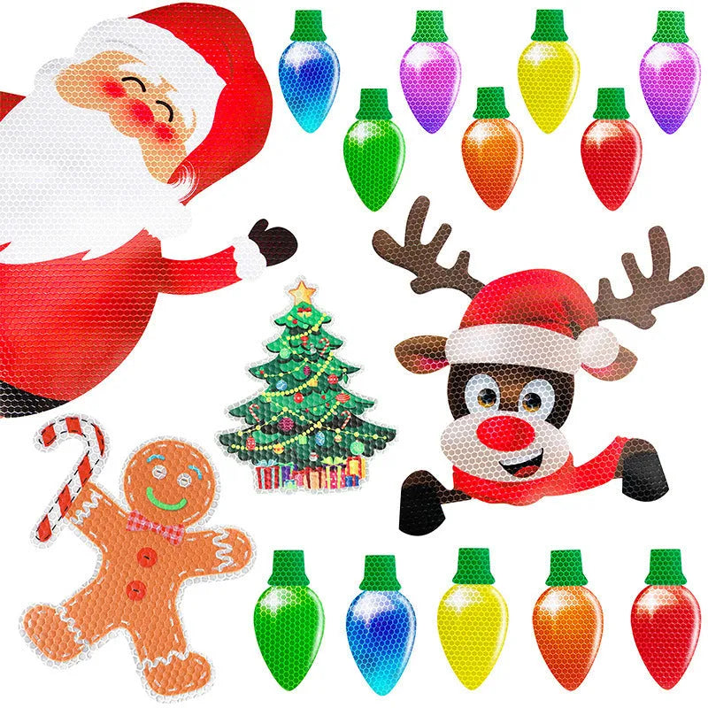 Set of magnetic reflective Christmas light bulb and wire stickers on a car door.