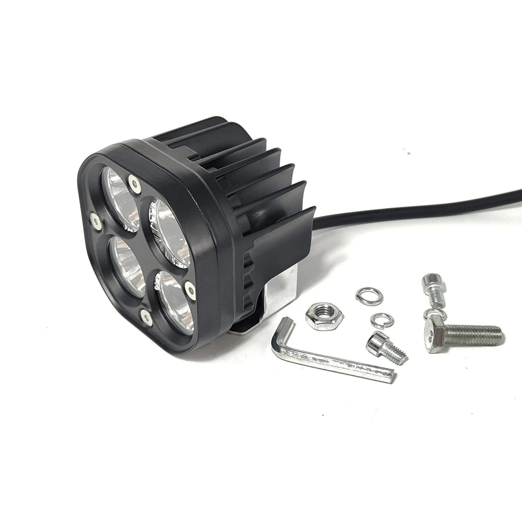 Four-eye vehicle headlight modification with aluminium base plate showing white and yellow light options