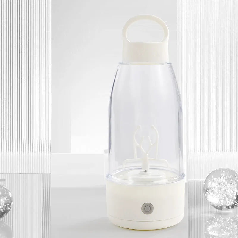 Automatic electric shaker bottle in green, pink, or white with USB charging port and handle.