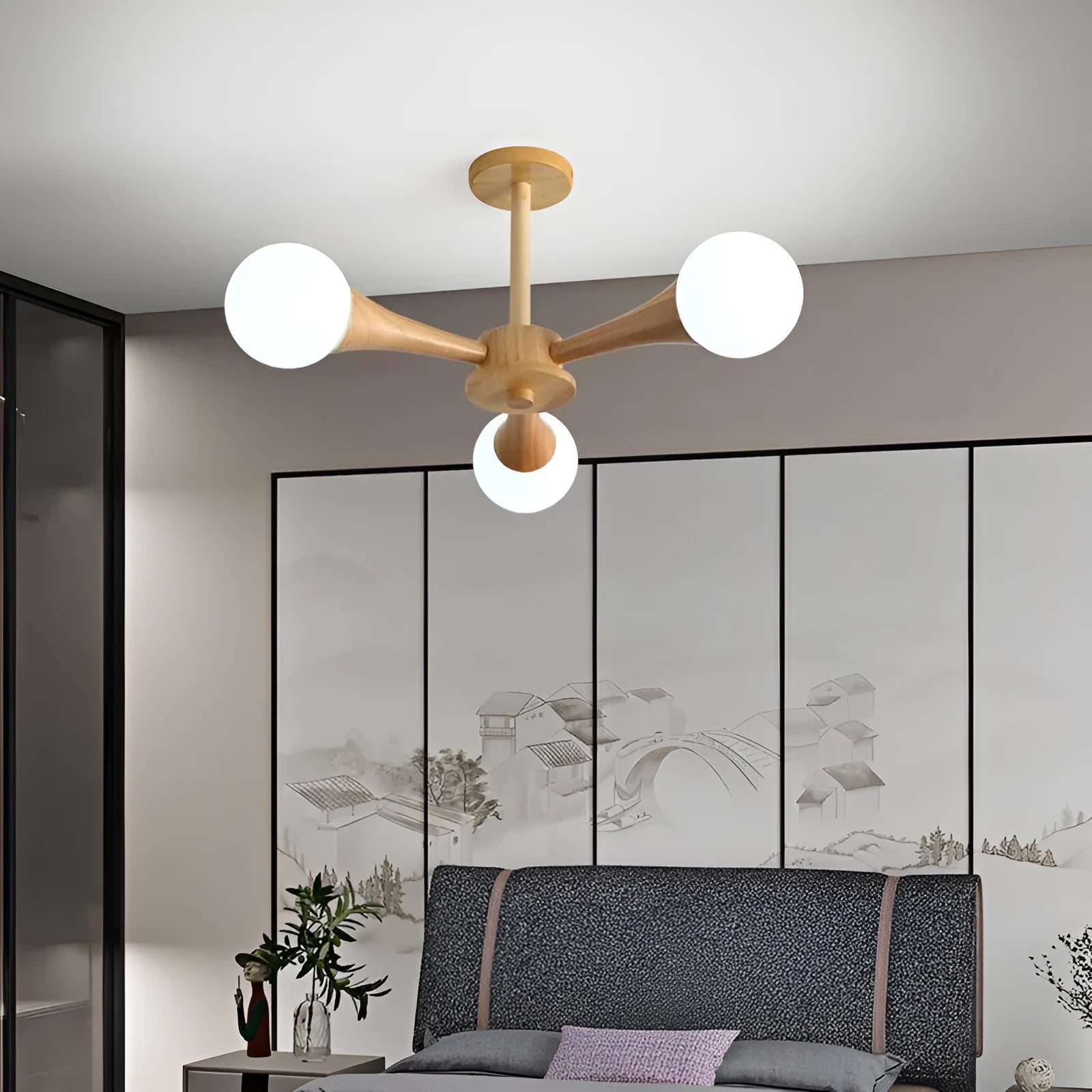 Modern minimalist wabi sabi style pendant light with walnut wood finish three heads 50cm diameter for living room