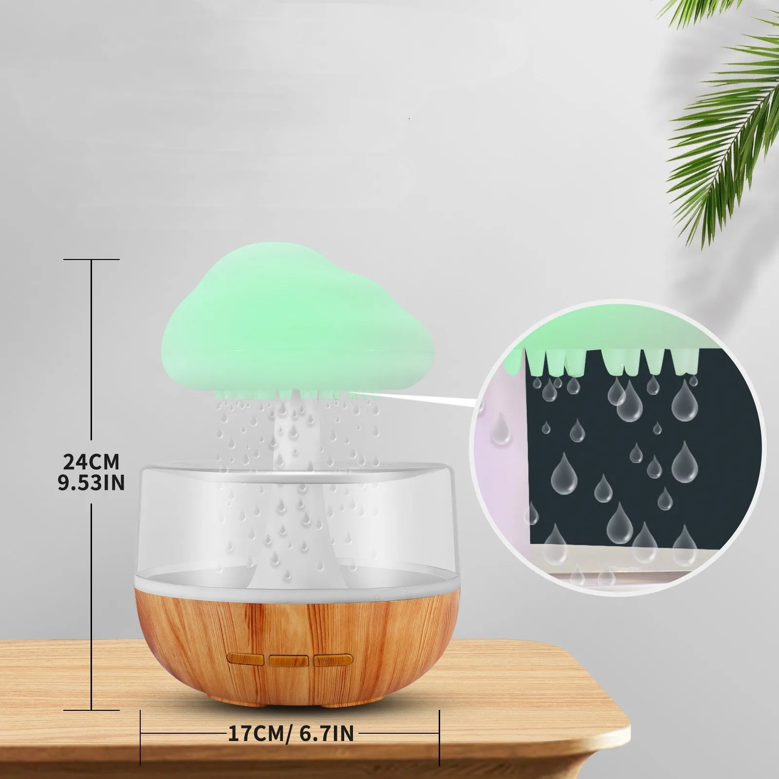 White raining cloud humidifier with essential oil diffuser and multi-colour night light on table