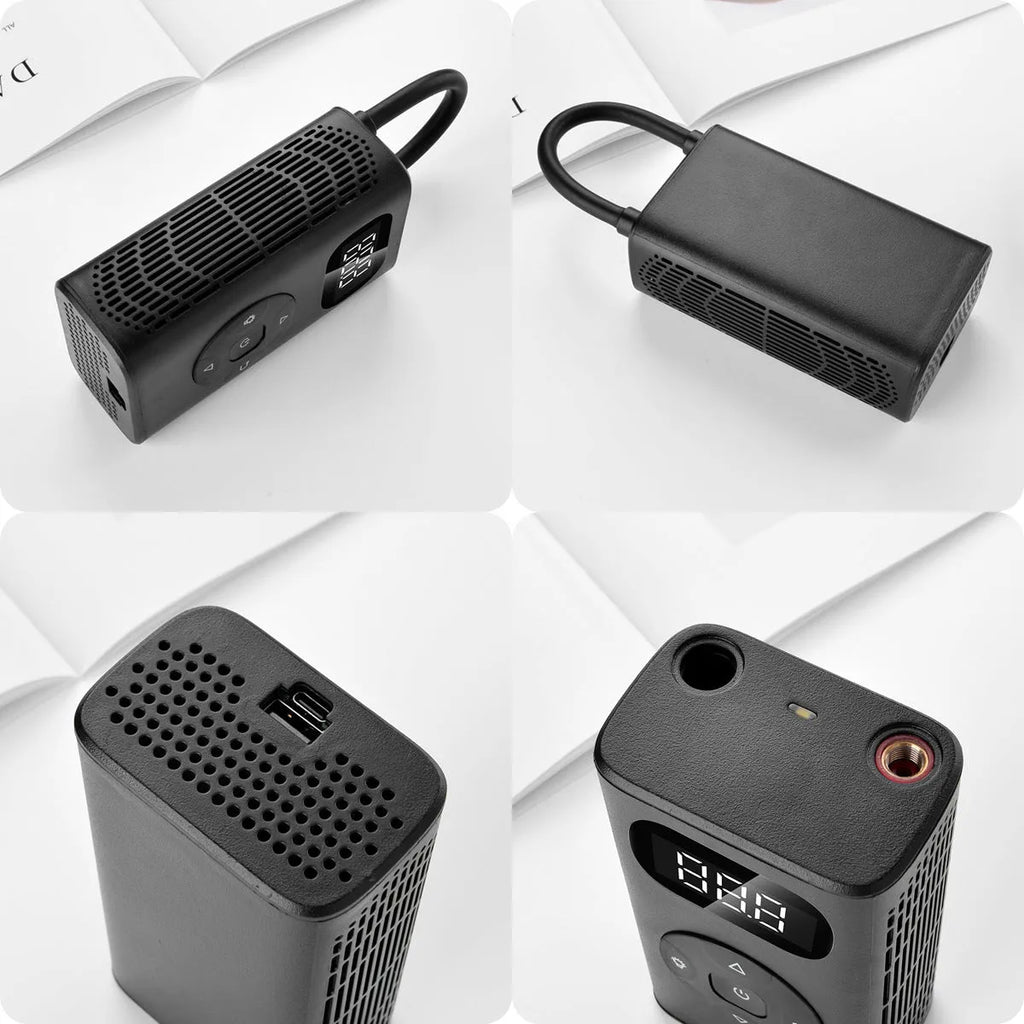 Black aviation aluminium portable tyre inflator with digital display and hose for cars and motorcycles.