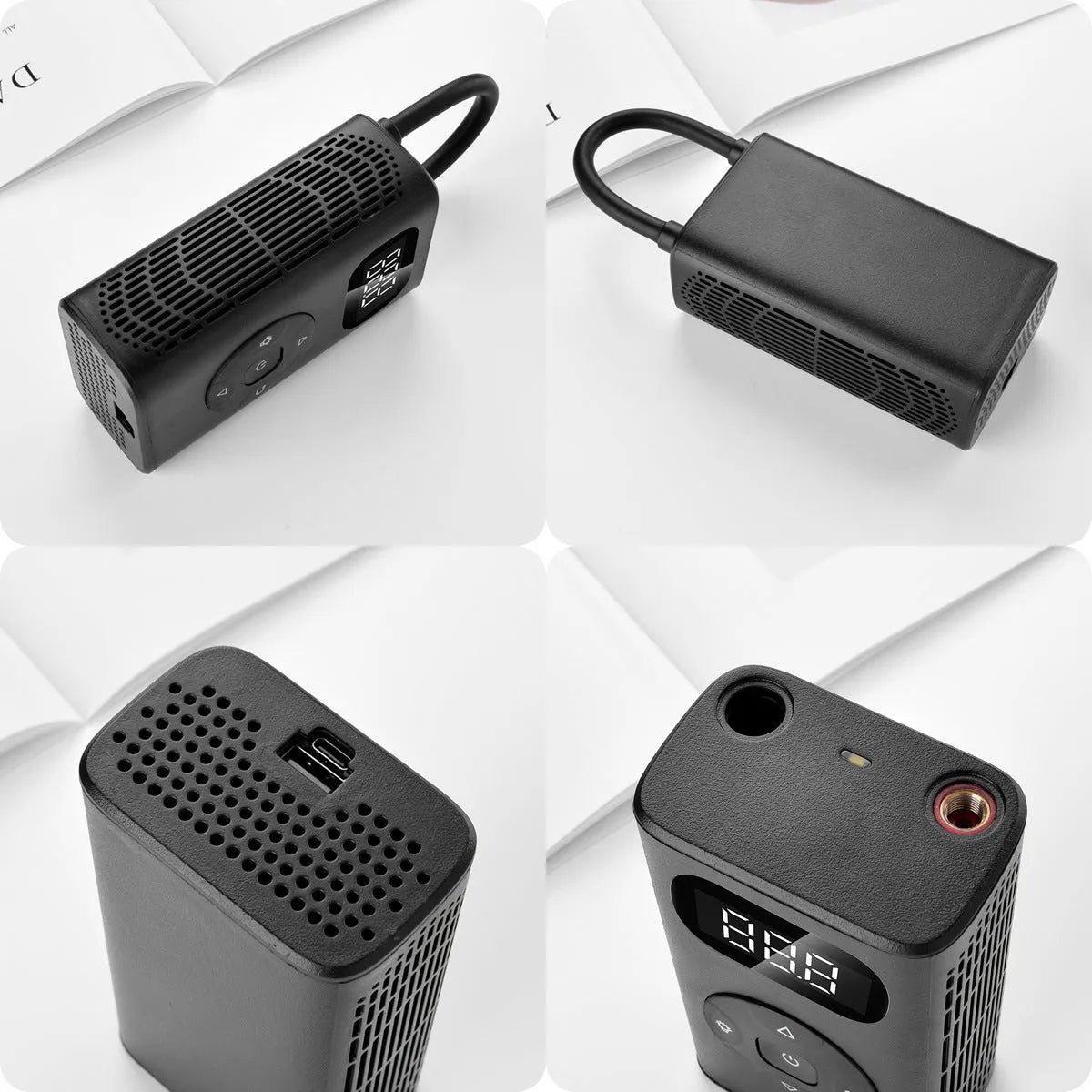 Black aviation aluminium portable tyre inflator with digital display and hose for cars and motorcycles.
