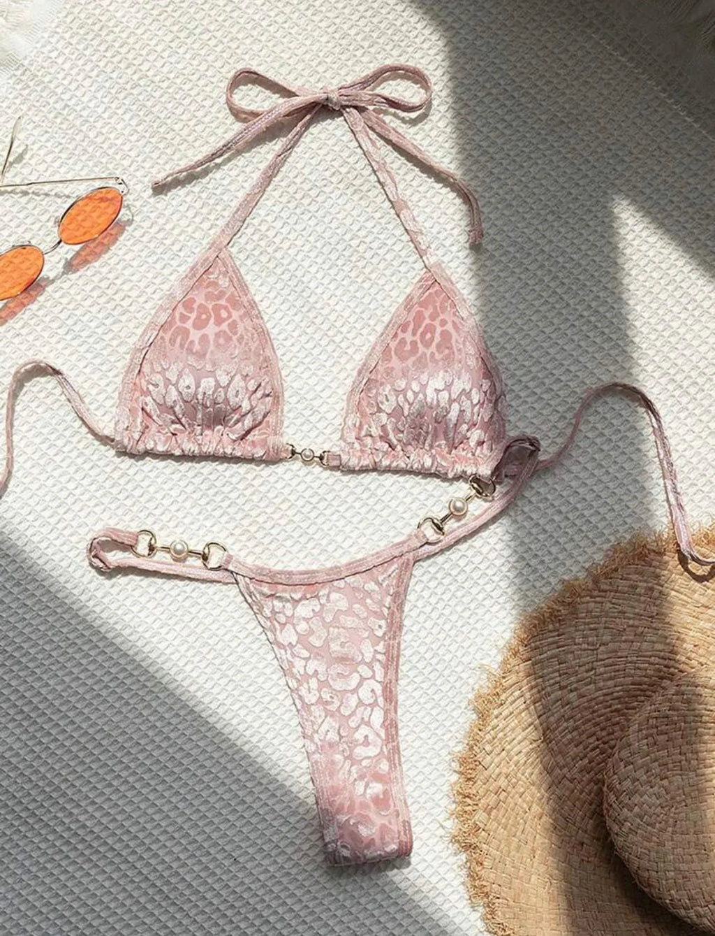 Pearl leopard print swimsuit bikini set with polyester fabric in blue and green leopard patterns