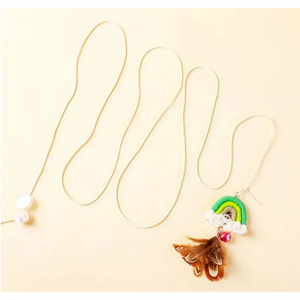 Feather cat rope door swing elastic cat teasing stick toy with sticky buckle clamp in blue, green and pink colours