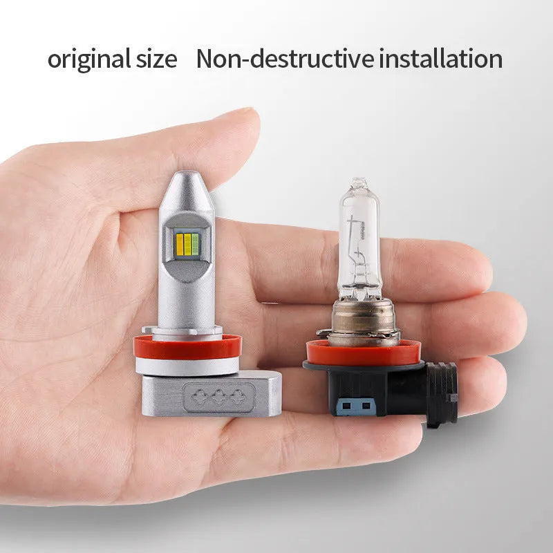 Single LED fog lamp bulb with aluminium housing and multiple connector adapters on a white background.