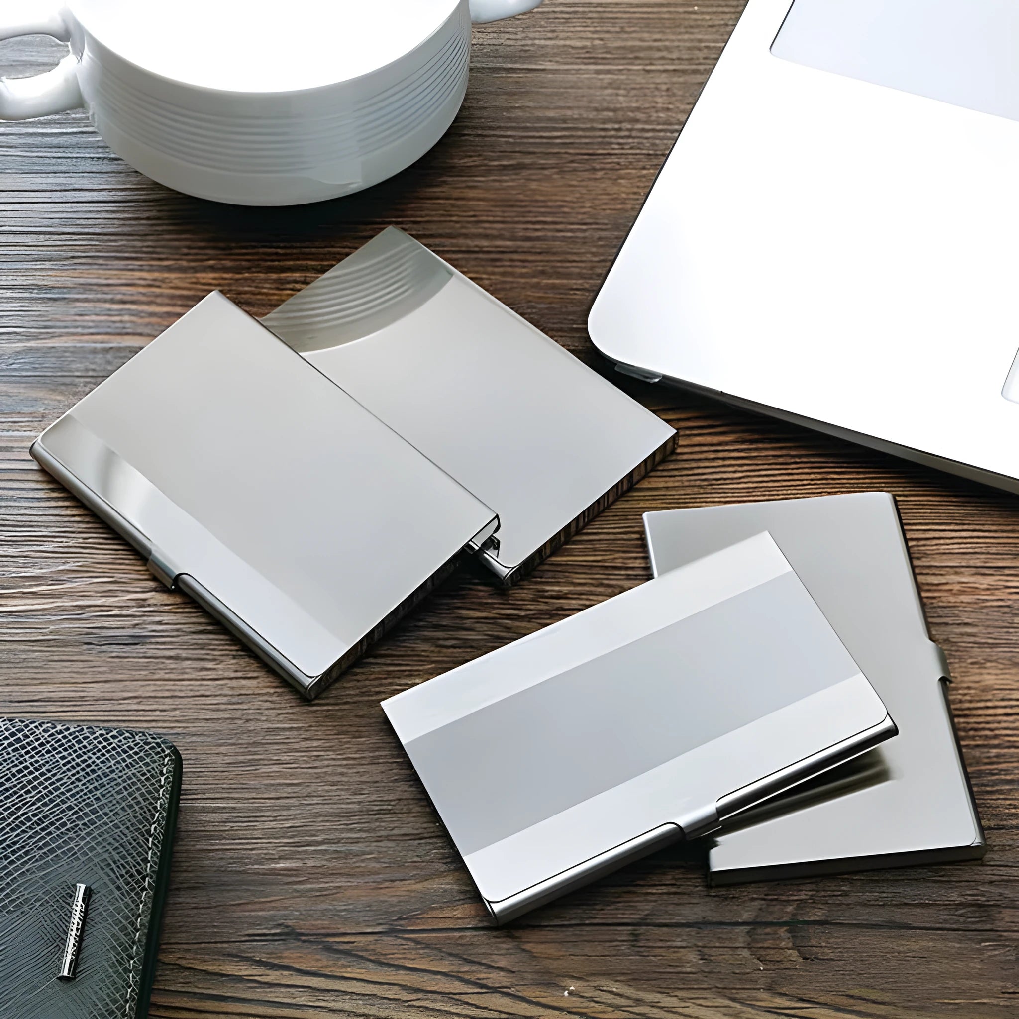 304 stainless steel business card case with geometric laser engraving showing 92.5 x 58 mm dimensions