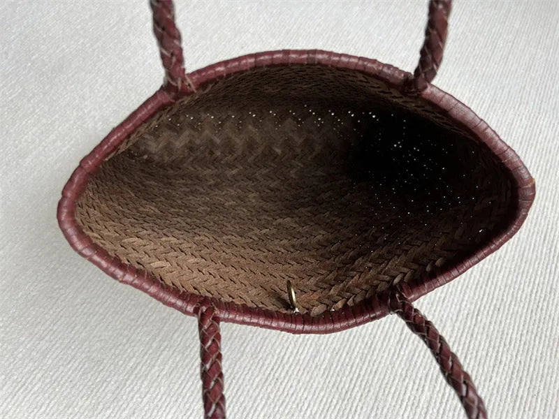Brown handmade woven tote bag with three-dimensional pocket made from cowhide leather