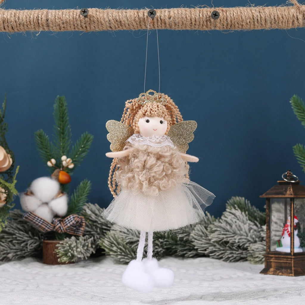 Fabric Christmas angel girl pendant hair accessory for a high ponytail in white, pink, and khaki