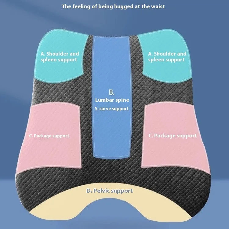 Grey lumbar support cushion for office chair, measuring 40cm by 40cm by 8cm.