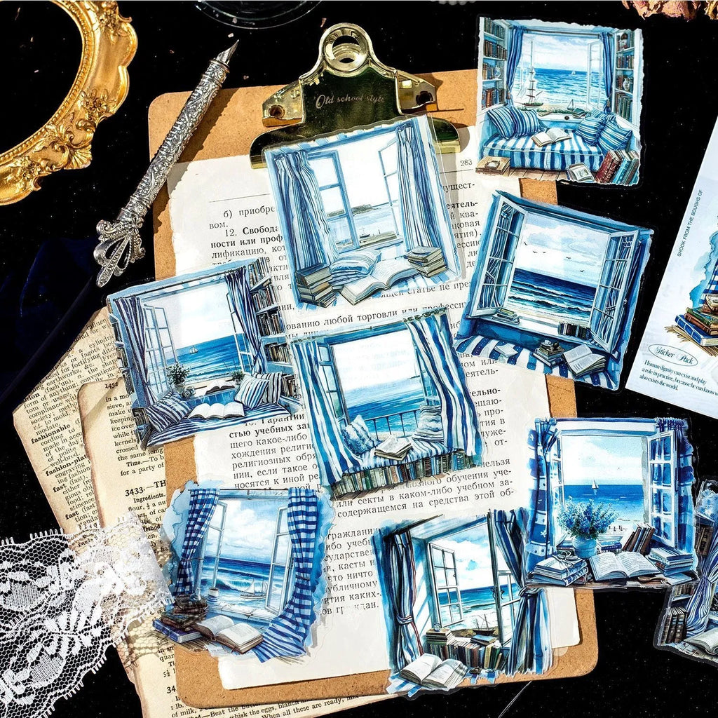 Set of retro-style decorative stickers with printed window scene designs for journals.