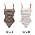 Women's printed one-piece swimsuit with dots pattern and matching wrap skirt