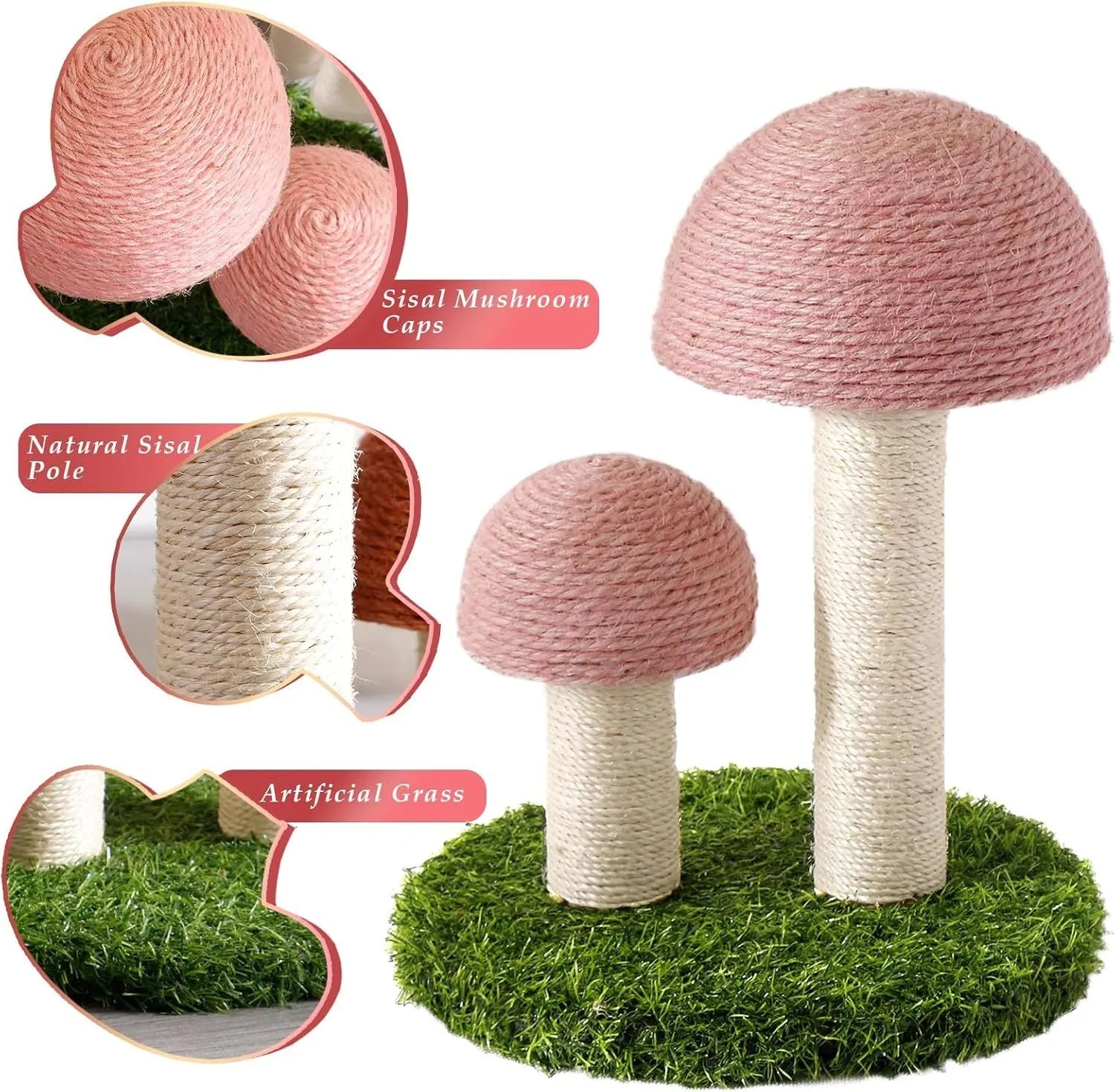 Pink mushroom-shaped cat scratching post made from natural sisal with a sturdy base.