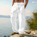 Men's solid colour cotton wide-leg casual trousers with an elastic mid waist on a neutral background.