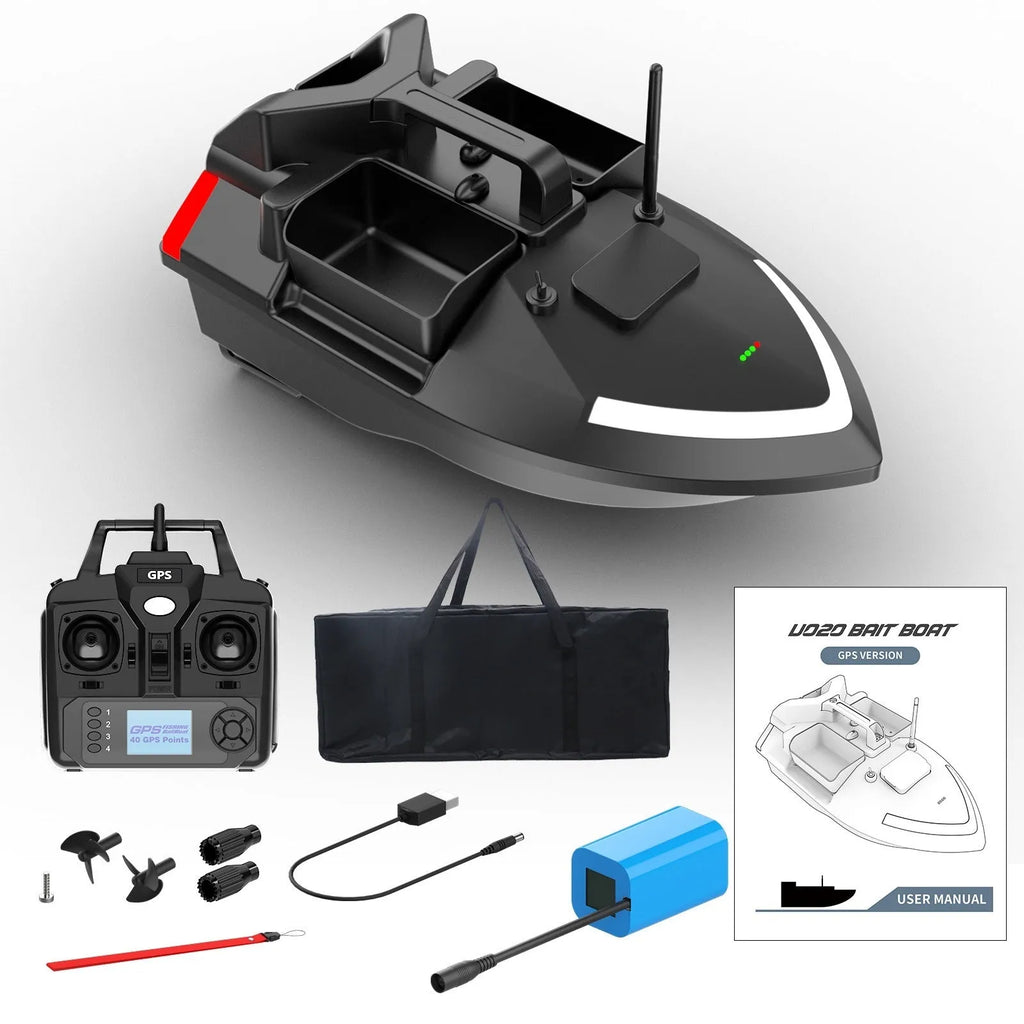 V020 GPS remote control fishing boat with LED lights shown on water
