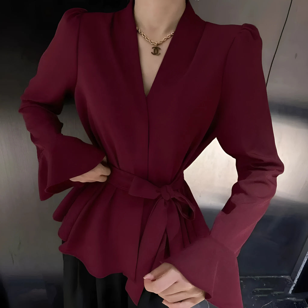 Women's French-style irregular collar long sleeve tied shirt with bell sleeves in black colour