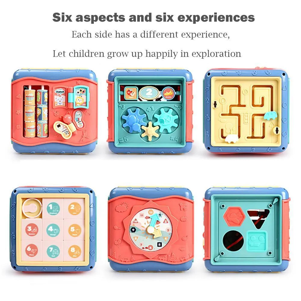 Montessori hexahedron educational toy cube with six different games including bead maze and clock face