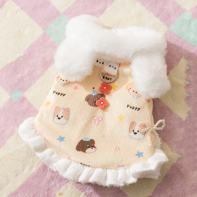 Winter fleece teddy dress with 3D ears for small dog in white, button closure and hood