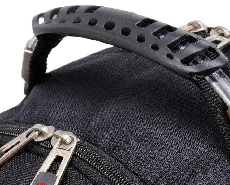 Black business computer backpack showing three compartments and internal organisers for 12-15 inch laptops
