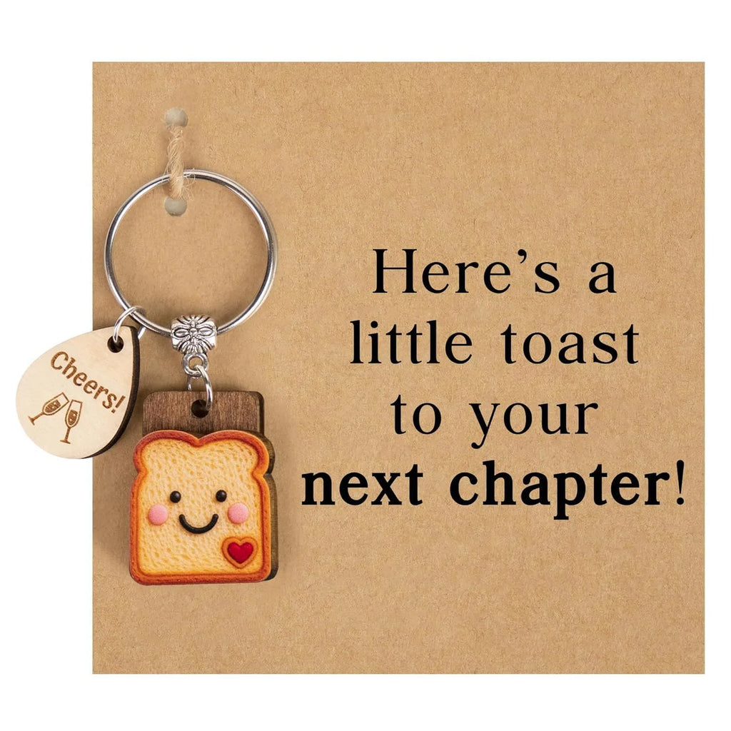 Cute bread wooden board water drop pendant alloy key ring with toast design on white background