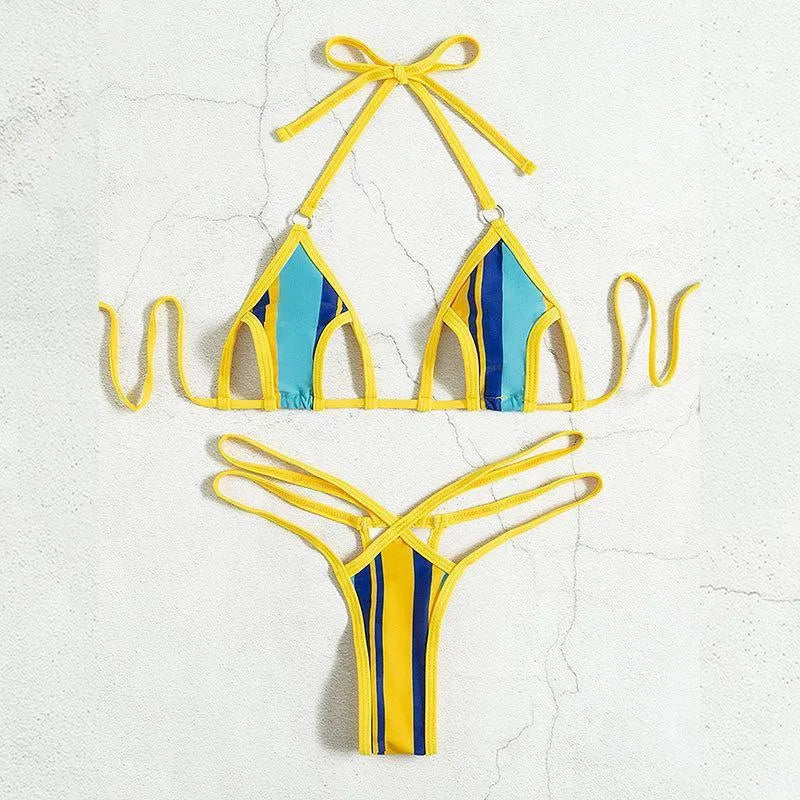 Yellow women's split swimsuit with hollow design and neck-hanging style