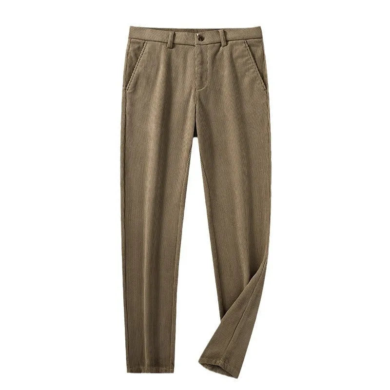 British retro striped straight-leg trousers in a chemical fibre blend, showing zip placket detail.