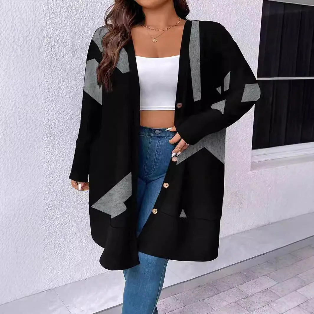 Black plus size casual cardigan with button stitching printing, loose fit regular sleeve design