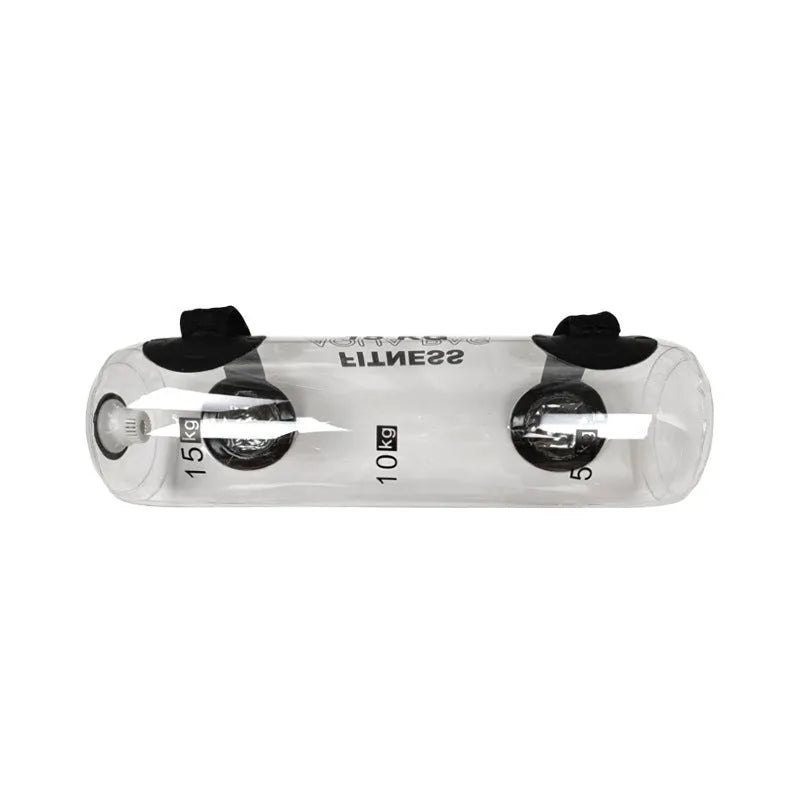 Transparent PVC water injection dumbbell bag showing adjustable weight system for portable strength training