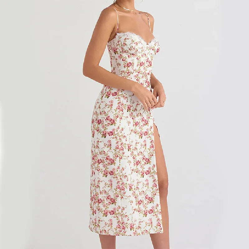 Women's lace flowers print long dress with suspender straps and side slit in solid colour
