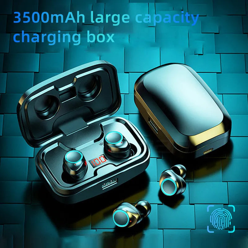 Black Bluetooth gaming headset with charging case showing earplug design and NFC logo