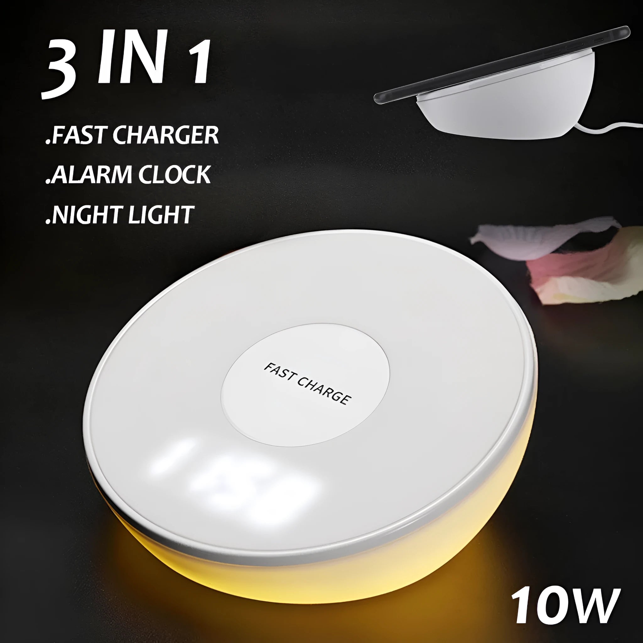 White wireless phone charger with digital clock display and three control buttons