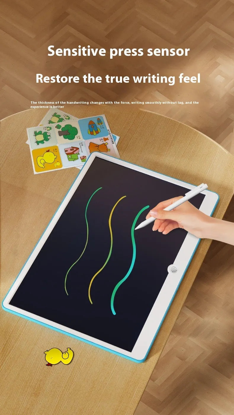 19-inch rechargeable LCD drawing board for kids in blue and white colour scheme